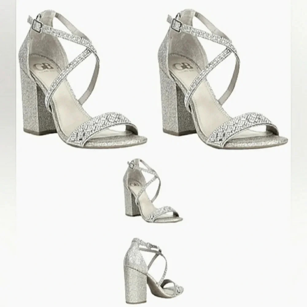 Silver 10 Wedding Guest Shoes Rinestone Events Block Heel Sparkling New